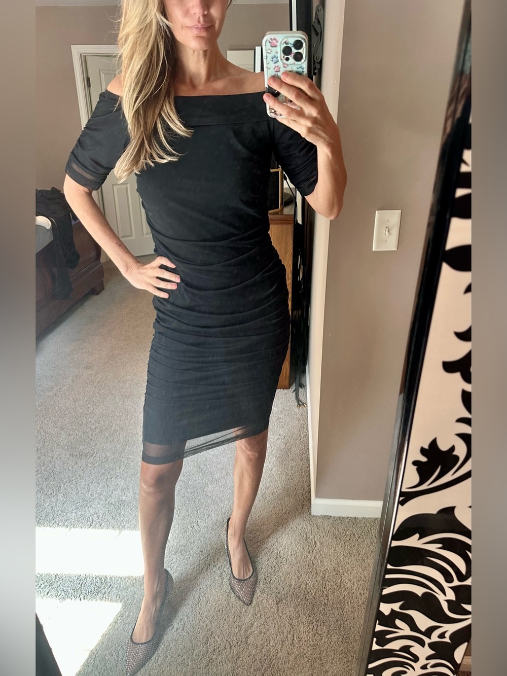 VENUS Black Off-Shoulder Ruched Midi Dress